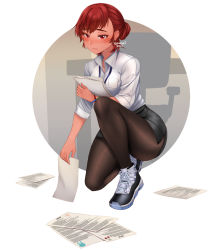 Rule 34 | 1girl, black footwear, black skirt, blush, brown pantyhose, closed mouth, collared shirt, commentary, dated, earrings, english commentary, full body, hair bun, holding, holding paper, jewelry, lanyard, looking at viewer, miniskirt, necklace, office lady, original, pantyhose, paper, pencil skirt, red eyes, red hair, shirt, shoes, signature, single hair bun, skirt, solo, squatting, stud earrings, sweat, temachii, white shirt, wing collar, wristband