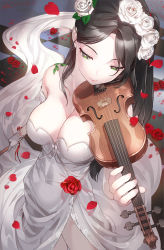 Rule 34 | 1girl, black hair, blush, breasts, checkered floor, cleavage, collarbone, dress, earrings, flower, gloves, green eyes, hair flower, hair ornament, highres, holding, holding instrument, holding violin, instrument, jewelry, kfr, large breasts, long hair, original, parted bangs, petals, pink lips, red flower, red rose, rose, smile, strapless, strapless dress, violin, white dress, white gloves, white legwear