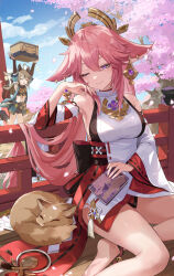 Rule 34 | 2girls, ahoge, animal ears, anklet, architecture, arm up, armpits, arms up, bare shoulders, barefoot, blue sky, book, box, breasts, brown hair, cardboard box, cat ears, cat tail, cherry blossoms, closed eyes, closed mouth, cloud, cloudy sky, commentary request, detached sleeves, earrings, east asian architecture, falling petals, feet, floppy ears, foot out of frame, fox, genshin impact, hair between eyes, hair ornament, highres, holding, japanese clothes, jewelry, kirara (genshin impact), large breasts, legs, long hair, multiple girls, nima (niru54), nontraditional miko, obi, on ground, one eye closed, outdoors, petals, pink hair, pink nails, purple eyes, sash, shadow, sideboob, sitting, sky, soles, standing, standing on one leg, tail, thighs, toes, very long hair, wide sleeves, yae miko