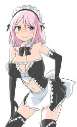 Rule 34 | 1girl, bare shoulders, black gloves, black thighhighs, blush, breasts, cleavage, covered erect nipples, elbow gloves, gloves, large breasts, midriff, navel, original, pink eyes, pink hair, short hair, simple background, smile, solo, thighhighs, white background, zaxwu