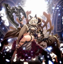 Rule 34 | 1girl, axe, backlighting, battle axe, black-framed eyewear, black gloves, blonde hair, blue eyes, blurry, blurry background, brown thighhighs, closed mouth, commentary request, dappled sunlight, dress, flats, gauntlets, glasses, gloves, headgear, highres, holding, holding axe, huge weapon, ikeda (hayato), indoors, leaning to the side, legs, light particles, long dress, original, short sleeves, single thighhigh, smile, solo, standing, sunlight, thigh strap, thighhighs, throne, weapon, white dress, white footwear