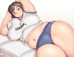 Rule 34 | 1girl, arms behind head, arms up, belly, blush, breasts, brown eyes, brown hair, fat, gym uniform, huge breasts, large breasts, looking at viewer, lying, navel, on side, orizen, plump, short hair, solo, thick thighs, thighs, white background, wide hips