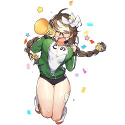Rule 34 | 1girl, ahoge, animal print, black-framed eyewear, blush, bouncing breasts, bow, braid, breasts, brown hair, buruma, clenched hand, closed eyes, confetti, double vertical stripe, facing viewer, floating hair, flying sweatdrops, frog print, full body, green jacket, gym shirt, gym uniform, hair ornament, hair ribbon, hairclip, hand up, headband, heart, heart hair ornament, holding, jacket, jumping, kino books, kneehighs, large breasts, legs together, long hair, long sleeves, low-tied long hair, megaphone, name tag, nose blush, official art, open clothes, open jacket, open mouth, parted bangs, pocket, ribbon, shirt, shoes, single vertical stripe, socks, solo, star (symbol), sweat, tears, thigh gap, thighs, track jacket, transparent background, twin braids, uchi no hime-sama ga ichiban kawaii, unzipped, uwabaki, white bow, white footwear, white shirt, white socks, whoisshe, wince, yellow ribbon, zipper, zipper pull tab