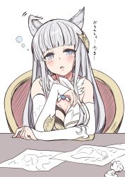 Rule 34 | 1girl, animal ears, asymmetrical clothes, bare shoulders, blue eyes, blunt bangs, blush, breasts, cleavage, commentary request, dress, elbow gloves, erune, gloves, granblue fantasy, hair ornament, highres, korwa, large breasts, long hair, open mouth, paper, quill, silver hair, sitting, solo, table, tatsuno (saya-tatsuno), translation request, white gloves