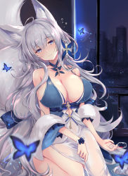 Rule 34 | 1girl, ahoge, animal ear fluff, animal ears, azur lane, bare shoulders, blue butterfly, blue dress, blue eyes, blush, bracelet, breasts, bug, butterfly, choker, cleavage, cup, dress, drinking glass, drunk, feather boa, fox ears, fox girl, fox tail, grey hair, habu rin, hair ornament, head tilt, highres, holding, holding cup, insect, jewelry, kitsune, large breasts, large tail, long hair, looking at viewer, mole, mole under eye, multiple tails, off shoulder, pouring, shinano (azur lane), shinano (dreams of the hazy moon) (azur lane), sleeveless, sleeveless dress, smile, solo, tail, very long hair, wine glass