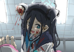 Rule 34 | 2girls, absurdres, aris (blue archive), black hair, black hairband, blood, blood on clothes, blood on face, blood on hands, blue archive, blue eyes, ceiling, ceiling light, hair between eyes, hairband, halo, highres, hood, hood down, incoming attack, incoming punch, long hair, long sleeves, looking at viewer, mano eglu, momoi (blue archive), multiple girls, necktie, one side up, open mouth, punching, sketch, solo focus