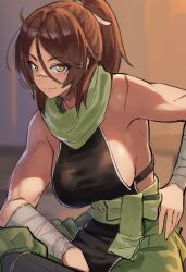 Rule 34 | 1girl, bandaged arm, bandages, breasts, brown hair, fate/grand order, fate (series), female focus, green scarf, hand on own hip, highres, indoors, large breasts, long hair, looking at viewer, muscular, muscular female, ponytail, ranma (kamenrideroz), scar, scar on face, scar on nose, scarf, sideboob, sidelocks, sitting, smile, solo, sugitani zenjubou (fate), yellow eyes