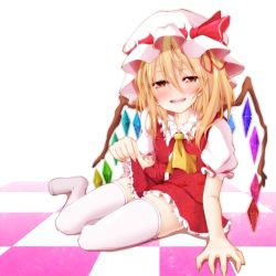 Rule 34 | 1girl, arm support, ascot, blonde hair, checkered floor, clothes lift, fang, female focus, fingernails, flandre scarlet, floor, hat, long fingernails, looking at viewer, naughty face, open mouth, red eyes, sharp fingernails, short hair, side ponytail, sitting, skirt, skirt lift, smile, solo, thighhighs, touhou, tsunsuki (naobe009), white thighhighs, wings, zettai ryouiki