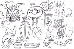 Rule 34 | 1boy, artist request, coffin, demon, demon wings, digimon, digimon (creature), fangs, grin, long hair, looking at viewer, mechanical arms, monster boy, multiple views, neovamdemon, open mouth, sharp teeth, simple background, sketch, smile, teeth, translation request, upper body, vampire, wings