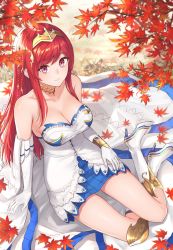 Rule 34 | 10s, 1girl, arm support, arriet (shingeki no bahamut), autumn, bare legs, bare shoulders, blue skirt, boots, bracelet, breasts, choker, cleavage, collarbone, detached sleeves, dress, elbow gloves, eyebrows, female focus, from above, full body, gen (gen 7254), gloves, granblue fantasy, grass, hair ornament, high heel boots, high heels, highres, jewelry, leaf, legs, light smile, lips, long hair, looking at viewer, looking up, maple leaf, maple tree, medium breasts, necklace, outdoors, pleated skirt, red eyes, red hair, shingeki no bahamut, sitting, skirt, smile, solo, strapless, strapless dress, tiara, tree, white dress, white footwear, white gloves