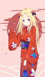 Rule 34 | 1girl, abigail williams (fate), black bow, blonde hair, blush, bow, closed mouth, commentary request, fate/grand order, fate (series), floral print, forehead, hair bow, highres, hitakami, japanese clothes, kimono, kinchaku, long hair, long sleeves, looking at viewer, obi, orange bow, parted bangs, pinching sleeves, polka dot, polka dot bow, pouch, print kimono, purple eyes, red kimono, sash, smile, solo, very long hair, wide sleeves