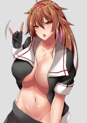 Rule 34 | 1girl, absurdres, ar (lover boy), blue background, blush, breasts, brown eyes, brown hair, commentary, fox shadow puppet, gloves, hairband, hand gesture, highres, kantai collection, large breasts, long hair, no bra, no panties, remodel (kantai collection), shiratsuyu (kancolle), tongue, tongue out, undressing