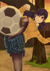 Rule 34 | &gt;:(, 1girl, ball, black hair, breasts, brown eyes, brown pantyhose, closed mouth, collared shirt, commentary request, frown, futayama0905, highres, large breasts, long hair, motion blur, original, outdoors, pantyhose, plaid, plaid skirt, shirt, skirt, soccer, soccer ball, solo, sweater, tree, v-shaped eyebrows