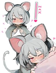 Rule 34 | 1girl, affection meter, affectionate, animal ear fluff, animal ears, blush, capelet, english text, grey hair, heart, highres, index fingers together, jewelry, large ears, long sleeves, looking at viewer, mouse ears, mouse tail, nazrin, one eye closed, pendant, red eyes, simple background, tail, touhou, white background, yoshiyuki (14330975)