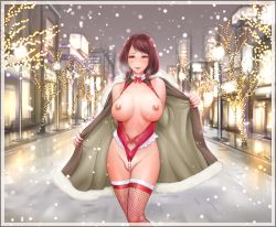 Rule 34 | 1girl, blush, border, breastless clothes, breasts, breasts apart, breath, brown eyes, brown hair, building, christmas, city, clothing cutout, coat, exhibitionism, fishnet thighhighs, fishnets, fur-trimmed coat, fur trim, happy, heart cutout, lamppost, large breasts, lingerie, lipstick, looking at viewer, makeup, mature female, nail polish, night, nipples, nude, open clothes, open coat, outdoors, pearl thong, public indecency, red lips, red nails, red teddy, revealing clothes, road, sidewalk, skyscraper, smile, snow, snowflakes, snowing, solo, sonota taisei, street, swept bangs, teddy (lingerie), thighhighs, tree, underwear