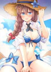 Rule 34 | 1girl, bikini, blue bikini, blue eyes, blush, braid, breasts, brown hair, brown hat, cleavage, hair between eyes, hat, kantai collection, large breasts, long hair, md5 mismatch, navel, official alternate costume, open clothes, open mouth, open shirt, revision, rui shi (rayze ray), shigure (kancolle), shigure kai san (kancolle), shirt, short sleeves, single braid, solo, straw hat, swimsuit, thigh strap, white shirt