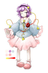 Rule 34 | 1girl, ;), color guide, eyeball, full body, hairband, heart, huyusilver, komeiji satori, long sleeves, official style, one eye closed, parody, pink skirt, purple eyes, purple hair, short hair, simple background, skirt, sleeves past wrists, slippers, smile, socks, solo, style parody, touhou, white background, zun (style)