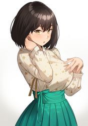 Rule 34 | 1girl, :o, breasts, brown eyes, brown hair, green skirt, hakama, hakama short skirt, hakama skirt, hand on own neck, jagaimo (kkamja), japanese clothes, large breasts, mia (jagaimo (kkamja)), open mouth, original, patterned clothing, short hair, skirt, white background