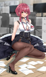 Rule 34 | 1girl, absurdres, aidoruhakase, belt, black belt, black pantyhose, black skirt, blush, breasts, chair, cleavage, collared shirt, computer, earrings, fur-trimmed jacket, fur trim, gold earrings, high-waist skirt, high heels, highres, hololive, houshou marine, houshou marine (businesswoman), jacket, jewelry, large breasts, name tag, one eye closed, open mouth, pantyhose, red hair, shirt, short hair, sidelocks, single earring, skirt, smile, solo, teeth, upper teeth only, virtual youtuber, white shirt, yellow eyes