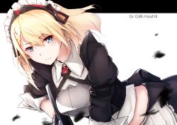 Rule 34 | 1girl, assault rifle, blonde hair, blue eyes, braid, character name, english text, fluegel (kaleido scope-710), g36 (girls&#039; frontline), g36 (mod3) (girls&#039; frontline), girls&#039; frontline, gun, h&amp;k g36, hairband, hand on weapon, highres, looking at viewer, maid, maid headdress, medium hair, mod3 (girls&#039; frontline), neck ribbon, ribbon, rifle, shirt, solo, weapon, white background, white shirt