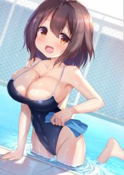 Rule 34 | 1girl, :d, amakarashi, arm support, backlighting, blue one-piece swimsuit, blush, breasts, brown eyes, brown hair, chain-link fence, cleavage, commentary request, covered navel, fence, hair between eyes, highres, large breasts, looking at viewer, one-piece swimsuit, open mouth, oppai loli, original, outdoors, pool, poolside, school swimsuit, smile, solo, standing, standing on one leg, swimsuit, wet