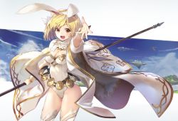 Rule 34 | 10s, 1girl, :d, alternate costume, animal ears, belt, blonde hair, blush, breasts, brown eyes, cape, cleavage, djeeta (granblue fantasy), fake animal ears, flower, granblue fantasy, hair flower, hair ornament, hairband, leotard, looking at viewer, medium breasts, open mouth, orange eyes, outstretched hand, rabbit ears, sage (granblue fantasy), shirabi, short hair, smile, solo, staff, thighhighs, white thighhighs, wrist cuffs