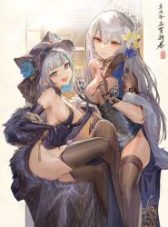 Rule 34 | 2girls, azur lane, breasts, brown legwear, cheshire (azur lane), cheshire (cait sith crooner) (azur lane), cleavage, cloak, commentary request, dress, elbow gloves, fang, flower, gloves, grey hair, hair flower, hair ornament, hat, highres, long hair, looking at viewer, medium breasts, messikid, microphone, mole, mole under eye, multicolored hair, multiple girls, official alternate costume, open mouth, red eyes, saint-louis (alluring administrator) (azur lane), saint-louis (azur lane), see-through, see-through cleavage, short hair, smile, thighhighs, thighs, traditional media, translation request, two-tone hair