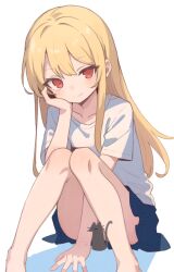 Rule 34 | 1girl, barefoot, blonde hair, blue skirt, censored, hand on own face, knees together feet apart, long hair, looking at viewer, original, red eyes, shirt, sitting, skirt, smile, solo, t-shirt, user famy2743, white shirt