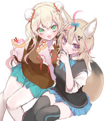 Rule 34 | 2girls, animal ear fluff, animal ears, black hair, black vest, blonde hair, blue skirt, bow, bowtie, brown cardigan, bun cover, cardigan, crepe, double bun, facial mark, food, fox ears, fox girl, fox tail, frilled skirt, frills, green eyes, green nails, green neckwear, green skirt, hair bow, hair bun, hinamori (18ar0), holding, holding food, hololive, licking lips, long hair, looking at viewer, momosuzu nene, multicolored hair, multiple girls, nail polish, neck ribbon, omaru polka, open mouth, pantyhose, pink hair, pink nails, playing card theme, purple eyes, red neckwear, ribbon, school uniform, simple background, sitting, skirt, tail, thighhighs, tongue, tongue out, vest, virtual youtuber, white background, white legwear, zettai ryouiki