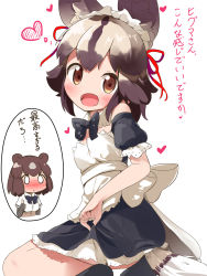 Rule 34 | 2girls, :d, african wild dog (kemono friends), alternate costume, animal ears, black hair, black neckwear, blonde hair, blush, bow, bowtie, brown bear (kemono friends), brown eyes, commentary, detached collar, detached sleeves, dog ears, dog tail, enmaided, heart, highres, kemono friends, looking at viewer, maid, maid headdress, makuran, multicolored hair, multiple girls, nose blush, open mouth, puffy detached sleeves, puffy short sleeves, puffy sleeves, red ribbon, ribbon, short hair, short sleeves, simple background, sitting, skirt hold, smile, solo focus, speech bubble, tail, thumbs up, translated, white background