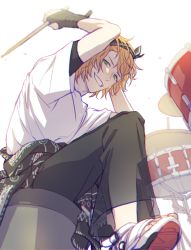Rule 34 | 1boy, absurdres, cymbals, drum, drum set, drumsticks, green eyes, grin, highres, idolmaster, idolmaster side-m, instrument, long sleeves, looking at viewer, male focus, orange hair, see-through, shirt, shoes, simple background, smile, sneakers, solo, sweatband, t-shirt, teeth, wakazato haruna, white background, white shirt, yampopo