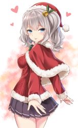 Rule 34 | 10s, 1girl, :p, alternate costume, aran sweater, bell, black skirt, blue eyes, blush, cable knit, capelet, christmas, commentary request, from side, fur trim, grey hair, hair bell, hair ornament, hat, heart, holly, holly hair ornament, kantai collection, kase daiki, kashima (kancolle), long sleeves, looking at viewer, petticoat, pleated skirt, ribbed sweater, santa hat, short hair, skirt, smile, solo, sweater, tongue, tongue out, twintails, upper body, wavy hair