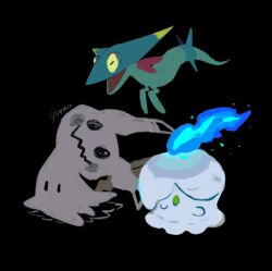 black_background blue_fire closed_mouth creatures_(company) dreepy fire game_freak gen_5_pokemon gen_7_pokemon gen_8_pokemon highres litwick mimikyu nintendo no_humans open_mouth pokemon pokemon_(creature) simple_background smile styraco yellow_eyes