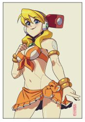 Rule 34 | 1girl, alia (mega man), android, armlet, bikini, blonde hair, blue eyes, border, breasts, cowboy shot, front-tie bikini top, front-tie top, highres, joints, medium breasts, mega man (series), mega man x (series), mega man x dive, navel, orange bikini, red lips, robot joints, ryan jampole, signature, smile, solo, swimsuit, white border, wrist cuffs