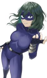Rule 34 | 1girl, absurdres, belt, bodysuit, boku no hero academia, boots, breasts, covered navel, fengling (furin-jp), fingerless gloves, from above, gloves, green eyes, green hair, hair between eyes, highres, large breasts, looking at viewer, mask, skin tight, solo, tokage setsuna, wavy hair