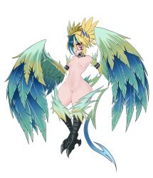 Rule 34 | 1girl, absurdres, animal feet, aqua wings, arm strap, bird legs, bird tail, blonde hair, blue hair, breasts, choker, claws, cleft of venus, closed mouth, completely nude, darkwrath, facial mark, feathered wings, female focus, full body, green choker, hair between eyes, hair ornament, happy, harpy, highres, looking at viewer, monster girl, monster girl encyclopedia, multicolored hair, navel, nipples, nude, pointy ears, pussy, red eyes, short hair, sidelocks, simple background, small breasts, smile, solo, standing, stomach, tail, thick thighs, thighs, thunderbird (monster girl encyclopedia), tongue, tongue out, two-tone hair, uncensored, white background, wide hips, winged arms, wings