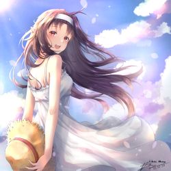Rule 34 | 1girl, absurdres, artist name, bare arms, bare shoulders, blue sky, breasts, cloud, cloudy sky, commentary request, dated, dress, from behind, hairband, hat, highres, holding, holding clothes, holding hat, ijac ray, long hair, looking at viewer, medium breasts, open mouth, outdoors, pointy ears, purple hair, red eyes, signature, sky, solo, straw hat, sundress, sword art online, teeth, unworn hat, unworn headwear, upper teeth only, white hairband, yuuki (sao)
