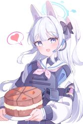 Rule 34 | 1girl, absurdres, animal ears, blue archive, blue halo, blush, braid, cake, earpiece, fake animal ears, food, grey hair, halo, heart, highres, long hair, long sleeves, looking at viewer, miyako (blue archive), neckerchief, one side up, open mouth, pink neckerchief, purple eyes, rabbit ears, sailor collar, simple background, sisong, solo, spoken heart, white background, white sailor collar