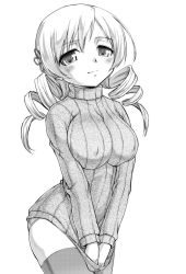 Rule 34 | 10s, 1girl, blush, breasts, clothes tug, covered erect nipples, drill hair, greyscale, hair ornament, highres, large breasts, looking at viewer, mahou shoujo madoka magica, mahou shoujo madoka magica (anime), monochrome, panties, simple background, solo, sweater, sweater tug, thighhighs, tomoe mami, twin drills, twintails, underwear, urase shioji