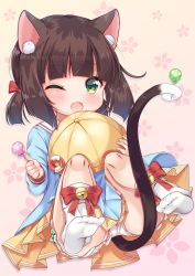 Rule 34 | 1girl, ;d, animal ears, azur lane, bell, bloomers, blue shirt, blunt bangs, blush, bow, brown hair, candy, cat ears, cat girl, cat tail, commentary request, fang, floral background, food, full body, green bow, green eyes, hat, heart, heart-shaped pupils, highres, holding, holding candy, holding food, holding lollipop, jingle bell, kindergarten uniform, ko yu, lifebuoy, lollipop, long sleeves, looking at viewer, low twintails, mutsuki (azur lane), no shoes, one eye closed, open mouth, panties, panty peek, pantyshot, pink background, pink panties, pleated skirt, prehensile tail, red bow, school hat, shirt, short twintails, sidelocks, simple background, skirt, smile, socks, soles, solo, swim ring, symbol-shaped pupils, tail, tareme, twintails, underwear, unworn hat, unworn headwear, white bloomers, white socks, yellow hat, yellow skirt