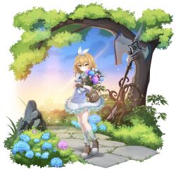 Rule 34 | 1girl, absurdres, axe, bag, blonde hair, bouquet, bush, counter:side, flower, gloves, hair between eyes, hair ornament, highres, holding, holding bouquet, kaci bins, looking at viewer, outdoors, rock, sky, socks, solo, tachi-e, tree, yellow eyes