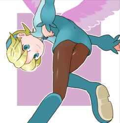 Rule 34 | 1girl, blonde hair, blue dress, blue eyes, blue footwear, blue hairband, boots, breath of fire, breath of fire iv, brown pantyhose, closed mouth, dress, feathered wings, hairband, knee boots, long sleeves, looking at viewer, lowres, nina (breath of fire iv), pantyhose, pink wings, short dress, short hair, sicky (pit-bull), smile, solo, wings