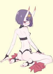 Rule 34 | 1girl, absurdres, barefoot sandals (jewelry), bob cut, commission, eds, eyeliner, fate/grand order, fate (series), hand on own thigh, headpiece, highres, horns, looking at viewer, makeup, oni, pixiv commission, purple eyes, purple hair, revealing clothes, short hair, shuten douji (fate), sitting, skin-covered horns, solo, yellow background