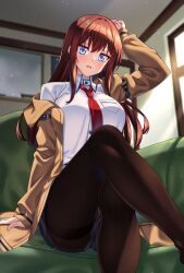 Rule 34 | 1girl, arm up, armband, ass, black pantyhose, black shorts, blue eyes, breasts, brown hair, brown jacket, collared shirt, crossed legs, highres, jacket, large breasts, long hair, long sleeves, looking at viewer, makise kurisu, necktie, open clothes, open jacket, pantyhose, pantyhose under shorts, red necktie, shirokuma a, shirt, short shorts, shorts, sidelocks, sitting, solo, steins;gate, thighband pantyhose, white shirt