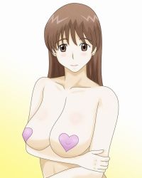 Rule 34 | blush, breasts, brown hair, heart, kamisama dolls, large breasts, light blush, pasties, shiba hibino, smile, yellow eyes