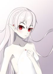 Rule 34 | 1girl, absurdres, arknights, braid, breasts, collarbone, commentary, crown braid, gradient background, grey background, hand up, highres, long hair, looking at viewer, nail polish, nude, pointy ears, red eyes, red nails, silver hair, small breasts, smile, solo, warfarin (arknights), yoshi! yuki