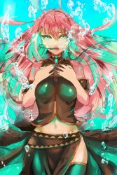 Rule 34 | 1girl, aqua eyes, bad id, bad pixiv id, breasts, bubble, female focus, gradient background, headphones, hebi, highres, long hair, megurine luka, music, open mouth, pink hair, singing, skirt, solo, thighhighs, underwater, vocaloid