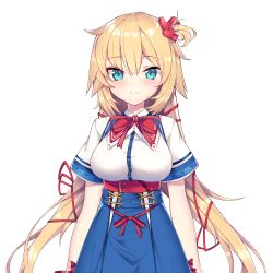 Rule 34 | 1girl, absurdres, akai haato, akai haato (1st costume), arms at sides, blonde hair, blue eyes, blue skirt, blush, breasts, closed mouth, cowboy shot, hair ornament, hair ribbon, haruyuki (yukichasoba), heart, heart hair ornament, high-waist skirt, highres, hololive, large breasts, long hair, looking at viewer, neck ribbon, one side up, red ribbon, ribbon, sash, second-party source, shirt, short sleeves, simple background, skirt, smile, solo, very long hair, virtual youtuber, white background, white shirt