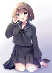 Rule 34 | 1girl, :d, bad id, bad pixiv id, black bow, black sailor collar, black serafuku, black shirt, black skirt, blue eyes, blurry, blurry background, blush, bow, breasts, brown footwear, brown hair, collarbone, commentary request, depth of field, fang, fingernails, full body, gradient background, grey background, hair between eyes, head tilt, highres, loafers, long sleeves, looking at viewer, medium breasts, minami saki, moe2019, open mouth, original, pleated skirt, revision, sailor collar, school uniform, serafuku, shirt, shoes, short hair, sitting, skirt, sleeves past wrists, smile, solo, white background