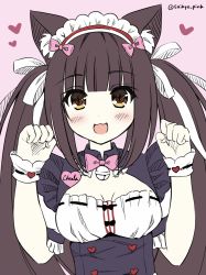 Rule 34 | 10s, 1girl, :3, :d, animal ear fluff, animal ears, bad id, bad twitter id, bell, bow, breasts, brown hair, cat ears, chocola (nekopara), cleavage cutout, clothing cutout, commentary request, hair ribbon, hands up, heart, highres, jingle bell, long hair, looking at viewer, maid, maid headdress, medium breasts, name tag, nekopara, one-hour drawing challenge, open mouth, paw pose, pink background, pink bow, pink neckwear, ribbon, sayaka otaku, short sleeves, simple background, smile, solo, twintails, twitter username, upper body, very long hair, white ribbon, wrist cuffs, yellow eyes